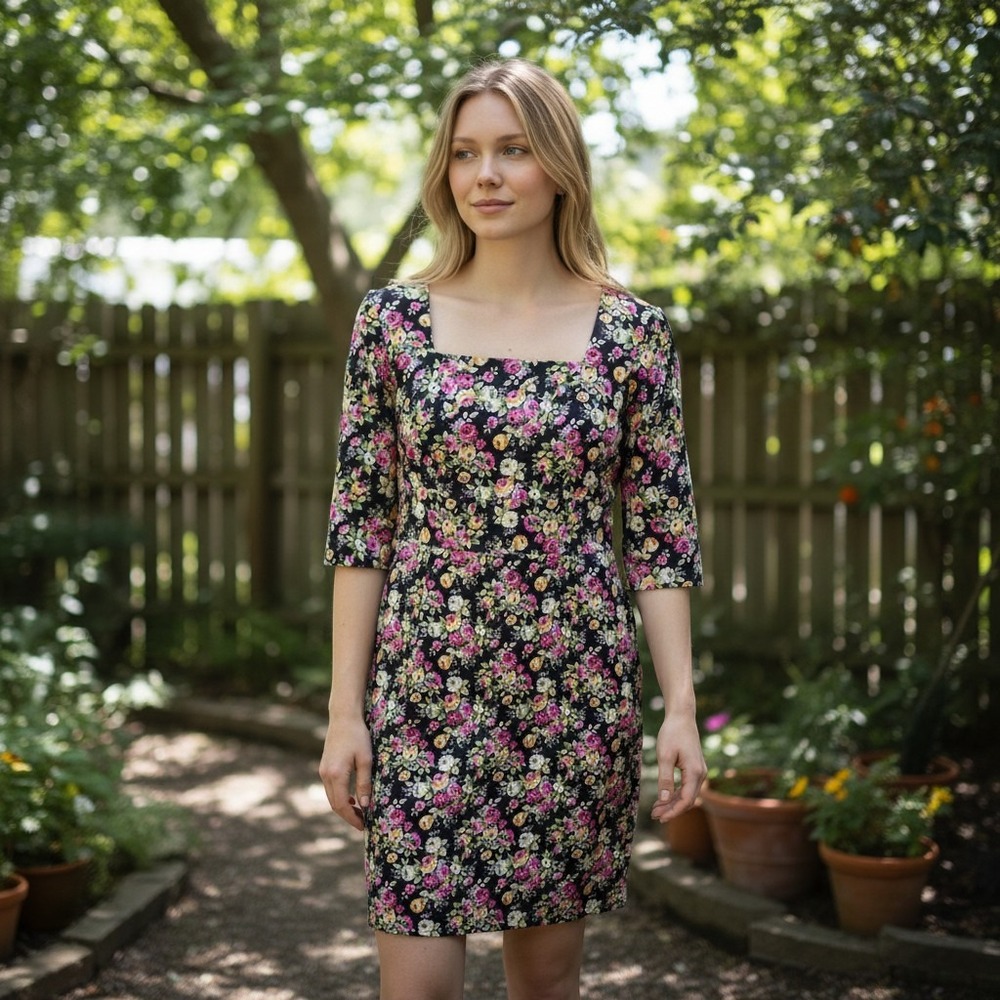 Lindy Bop Black Floral Square Neck 3/4 Sleeve Midi Dress UK 14 US L